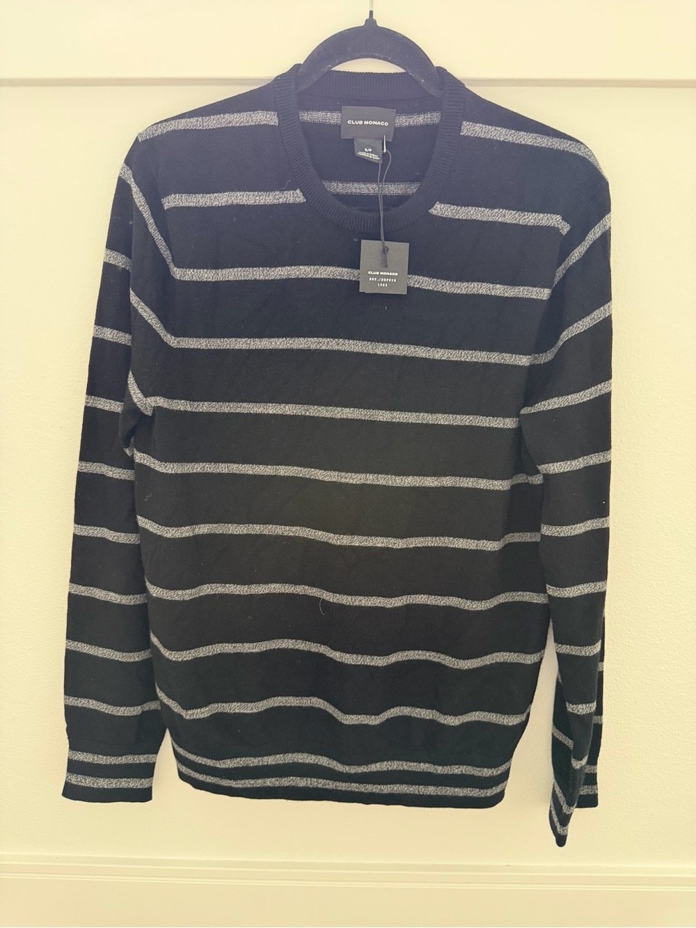 Club Monaco Black Crewneck Sweater with Gray Stripes
